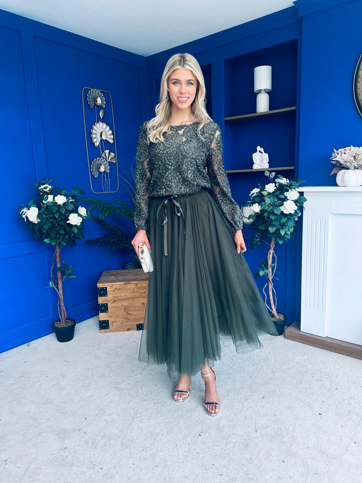 Celine Detailed Tulle Skirt Khaki