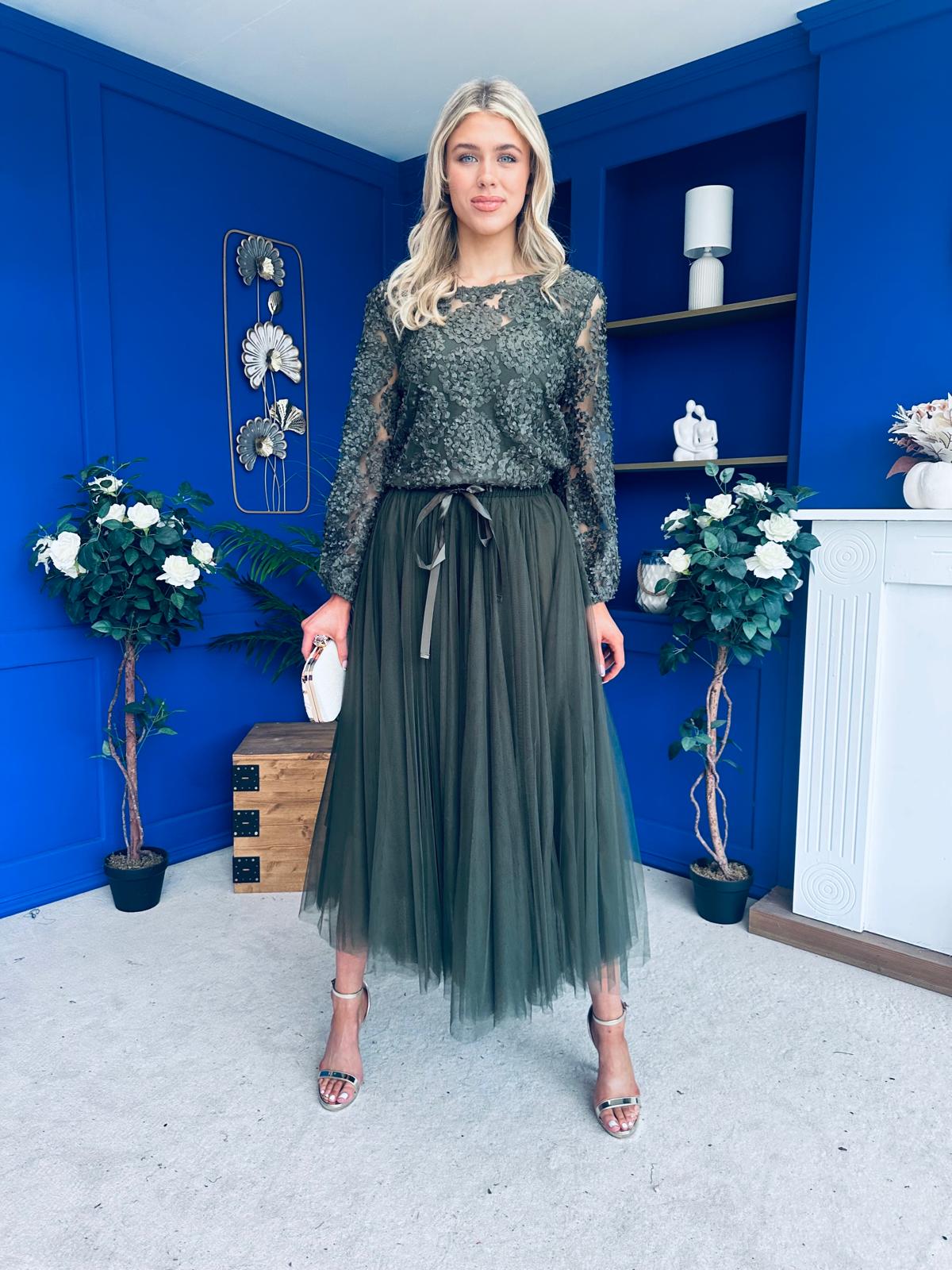 Celine Detailed Tulle Skirt Khaki