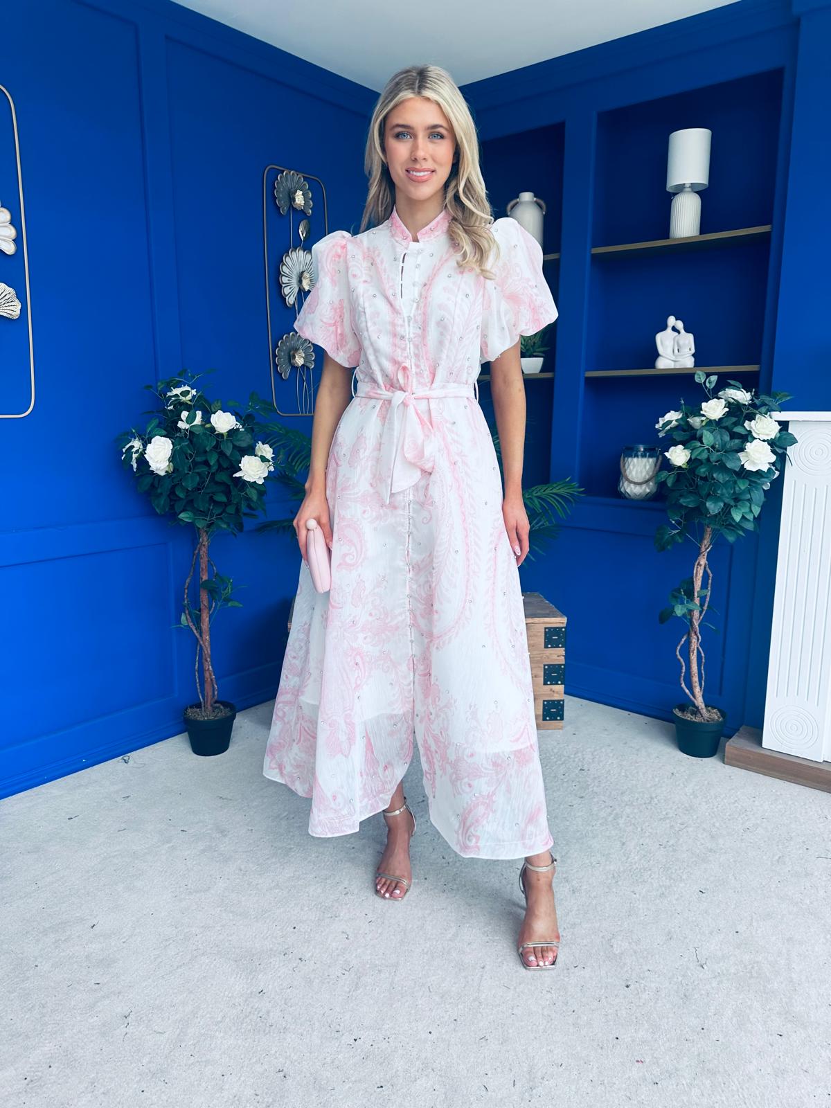 Kiley Embellished Midi Shirt Dress White / Pink
