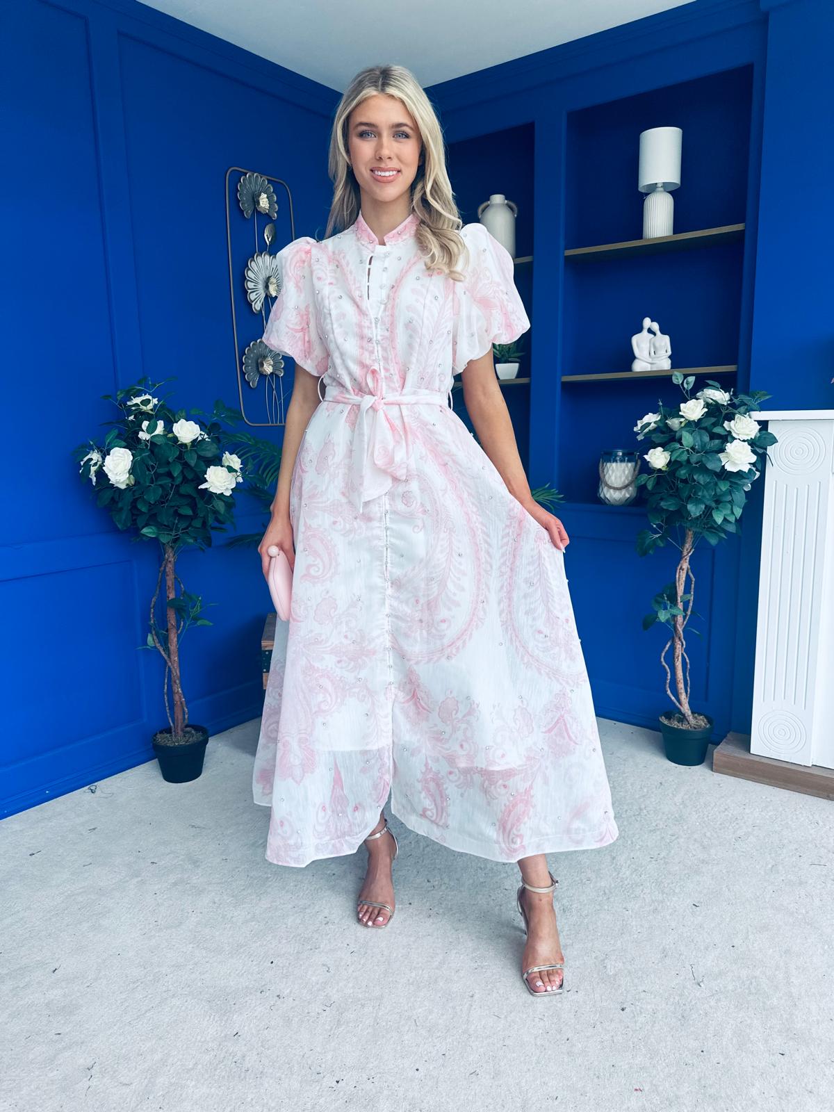 Kiley Embellished Midi Shirt Dress White / Pink
