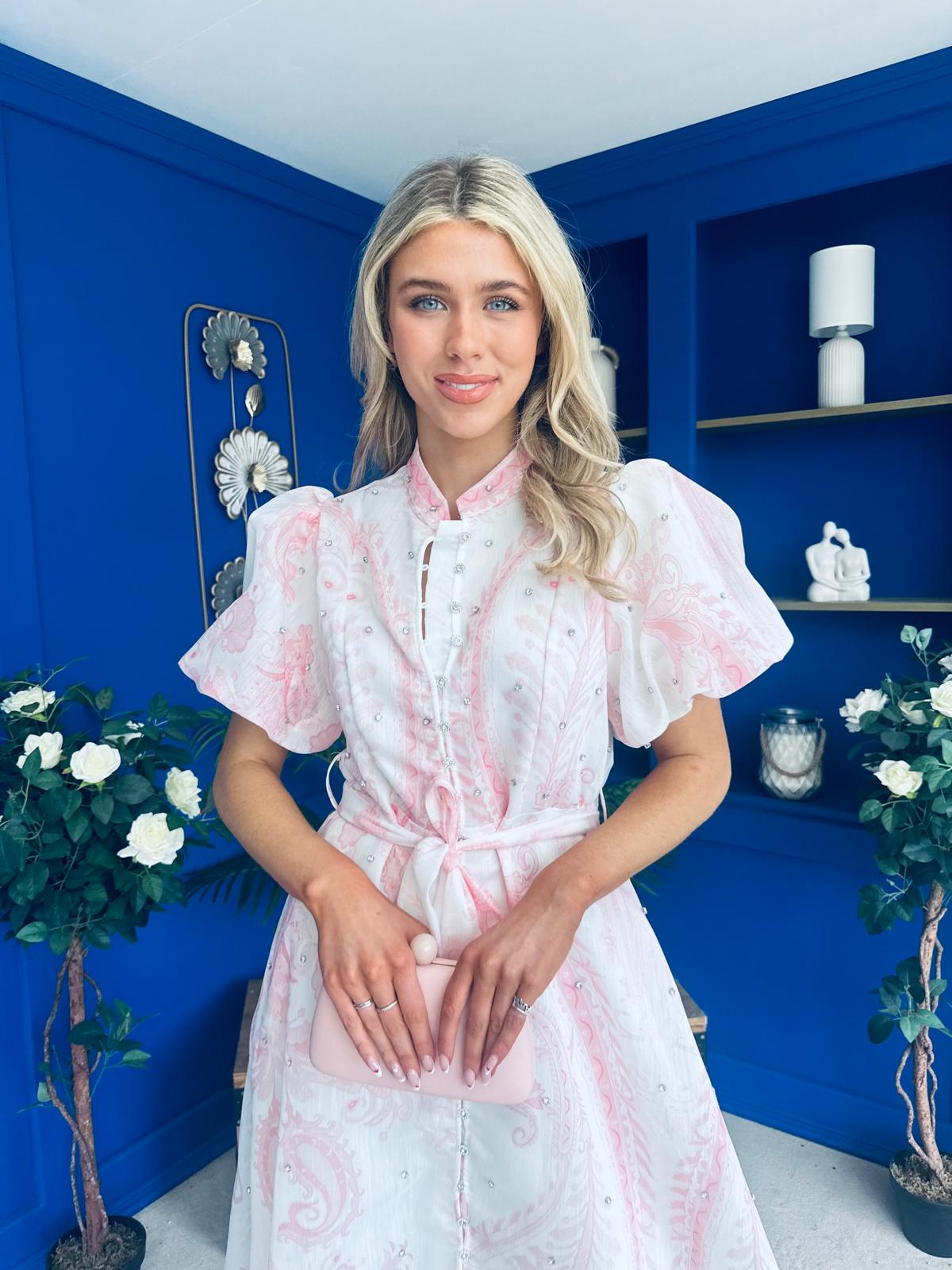 Kiley Embellished Midi Shirt Dress White / Pink