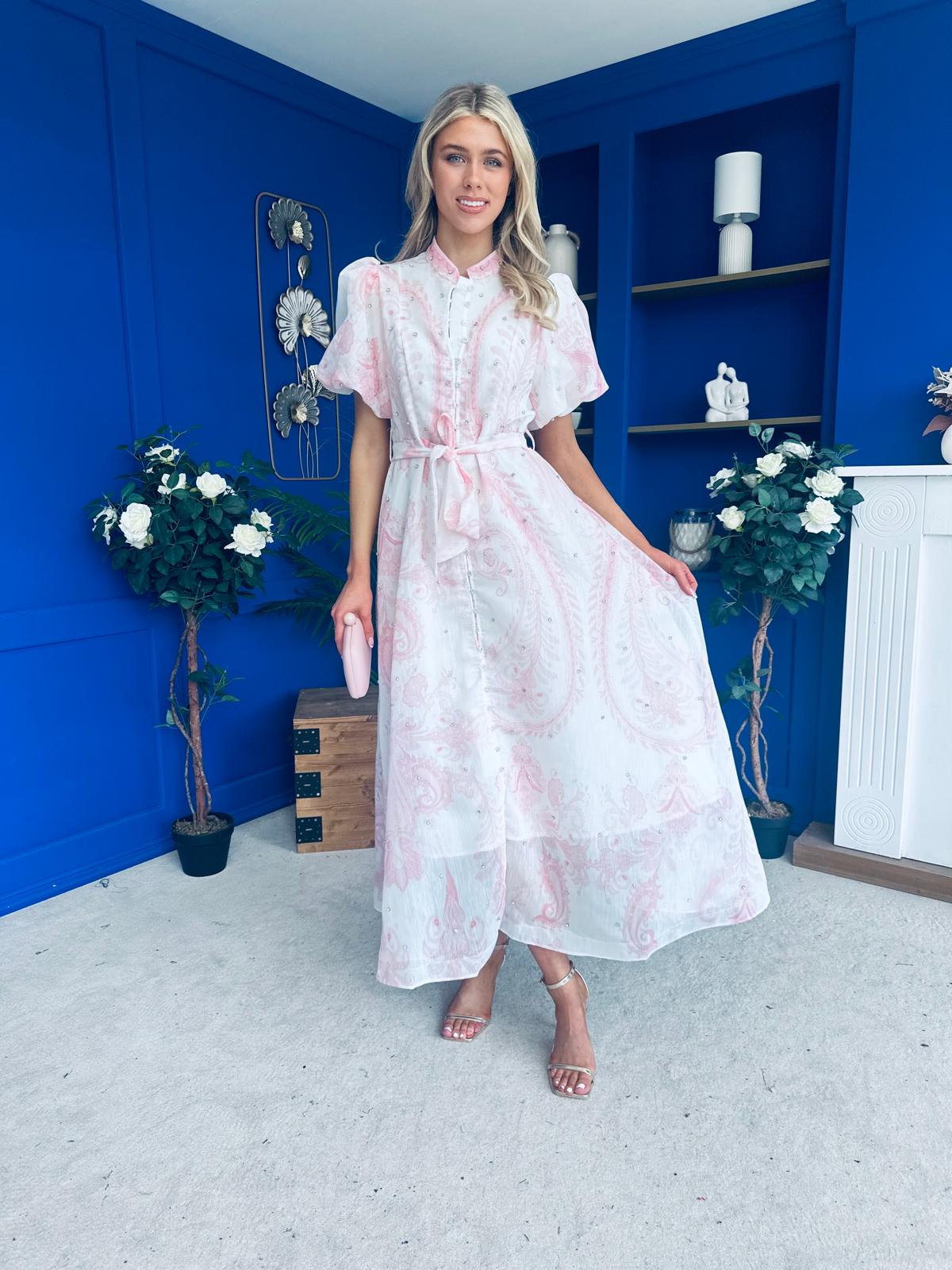 Kiley Embellished Midi Shirt Dress White / Pink