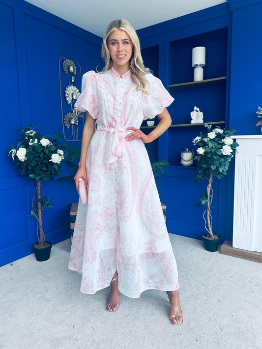 Kiley Embellished Midi Shirt Dress White / Pink