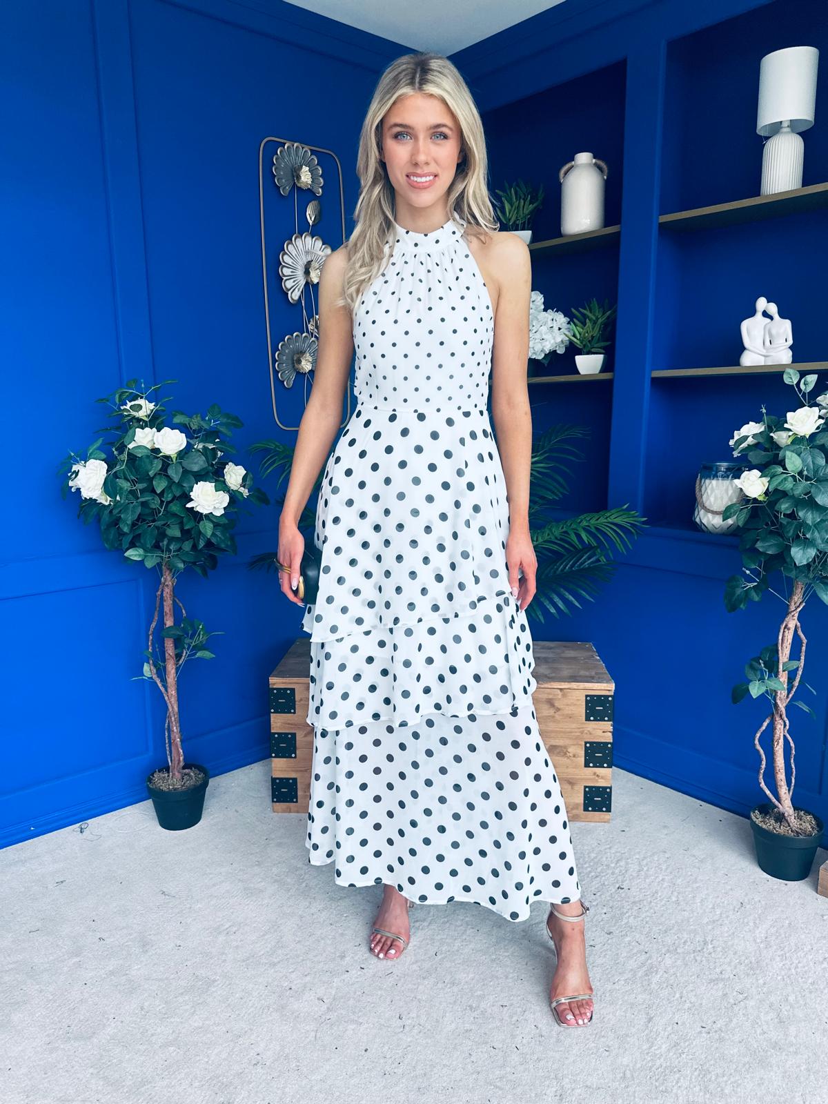 Iris Halterneck Layered Maxi Dress Polka White