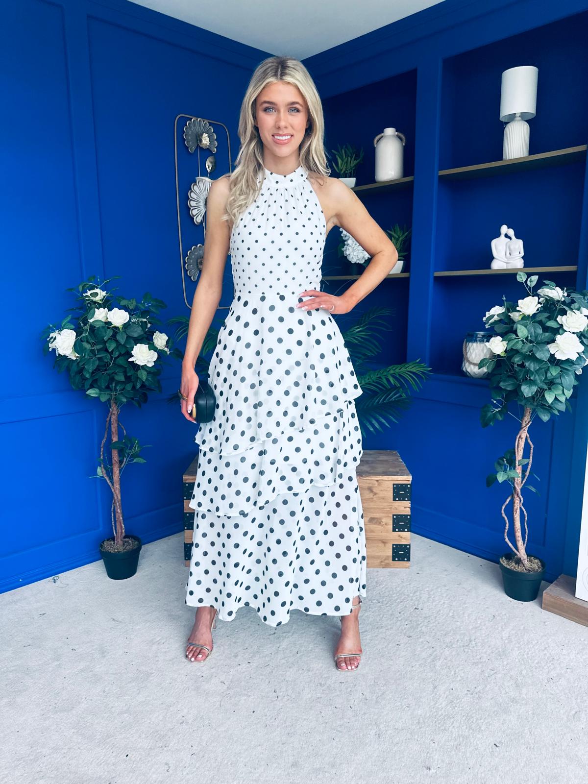 Iris Halterneck Layered Maxi Dress Polka White