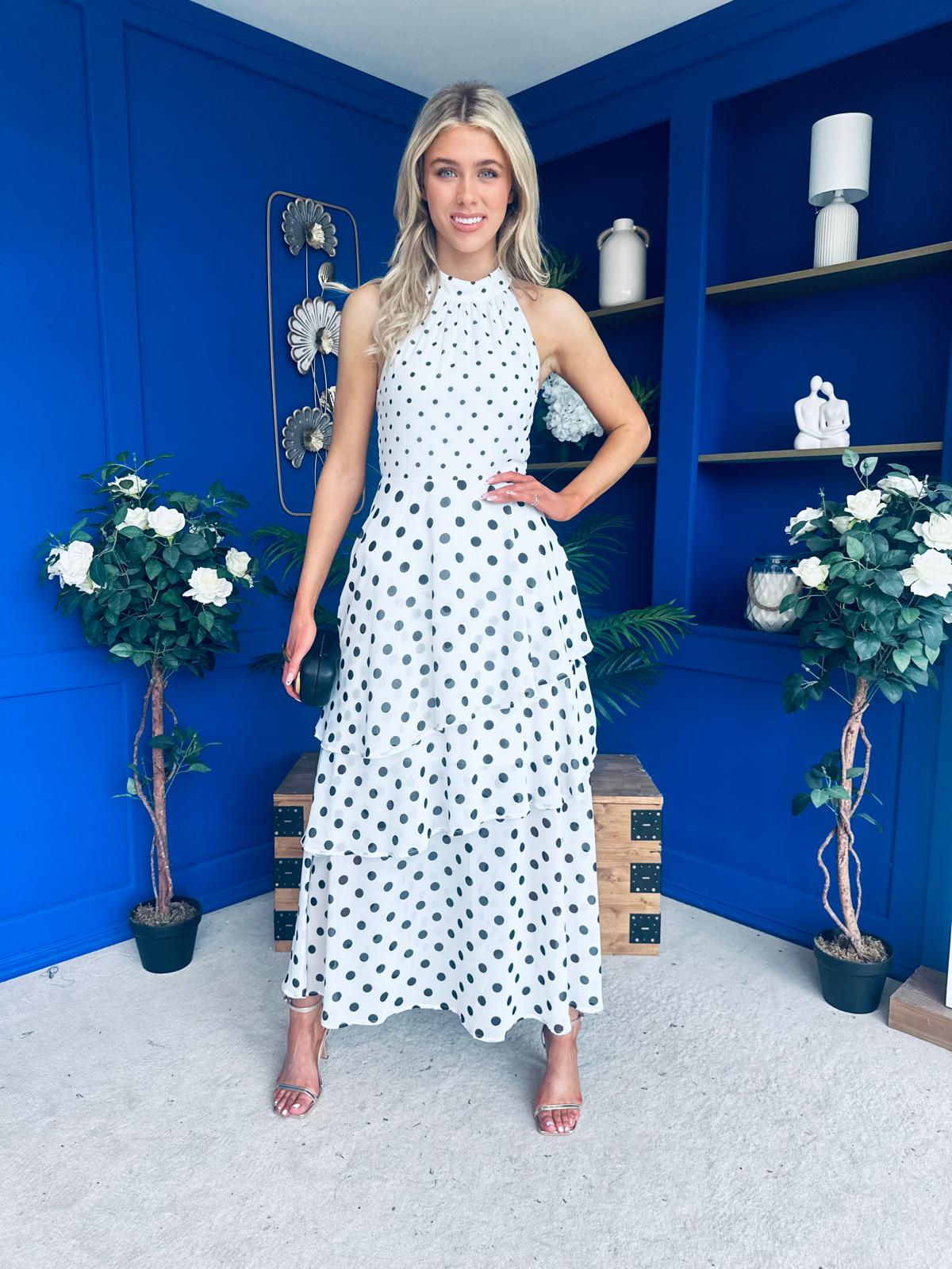 Iris Halterneck Layered Maxi Dress Polka White