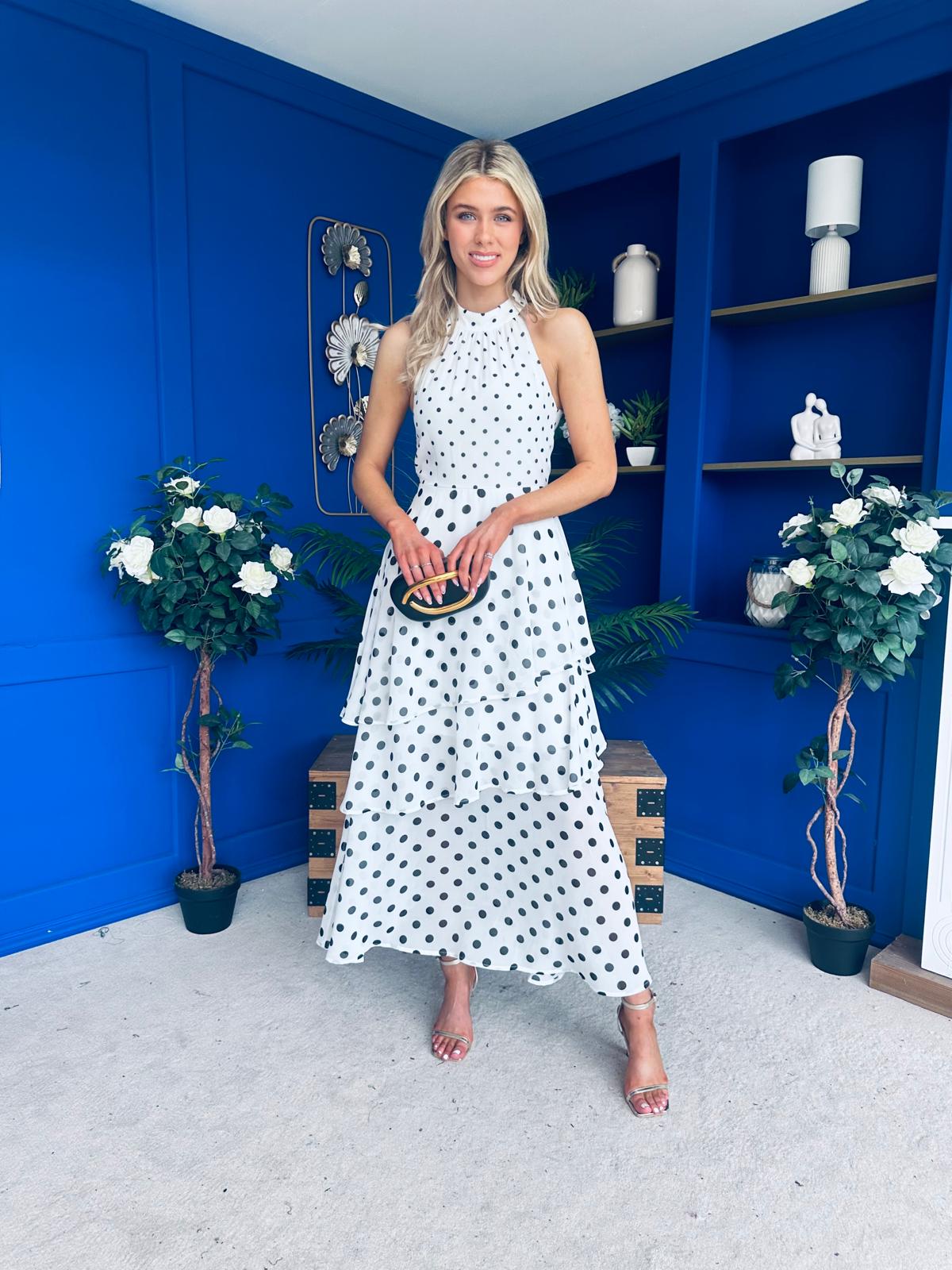 Iris Halterneck Layered Maxi Dress Polka White