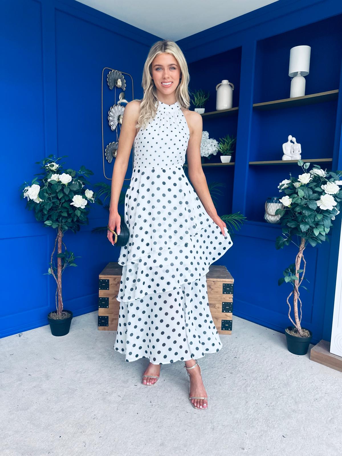 Iris Halterneck Layered Maxi Dress Polka White