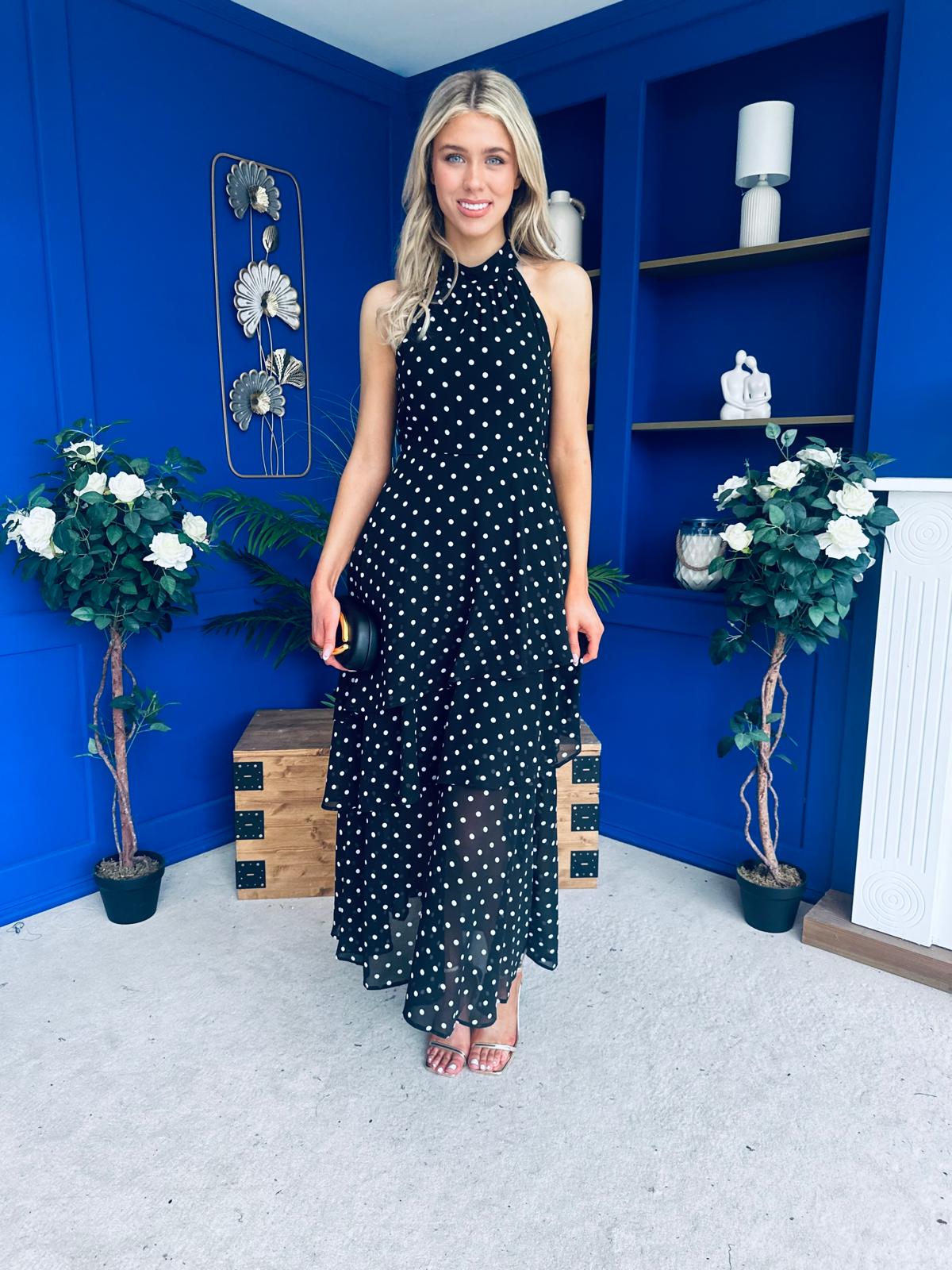 Iris Halterneck Layered Maxi Dress Polka Black