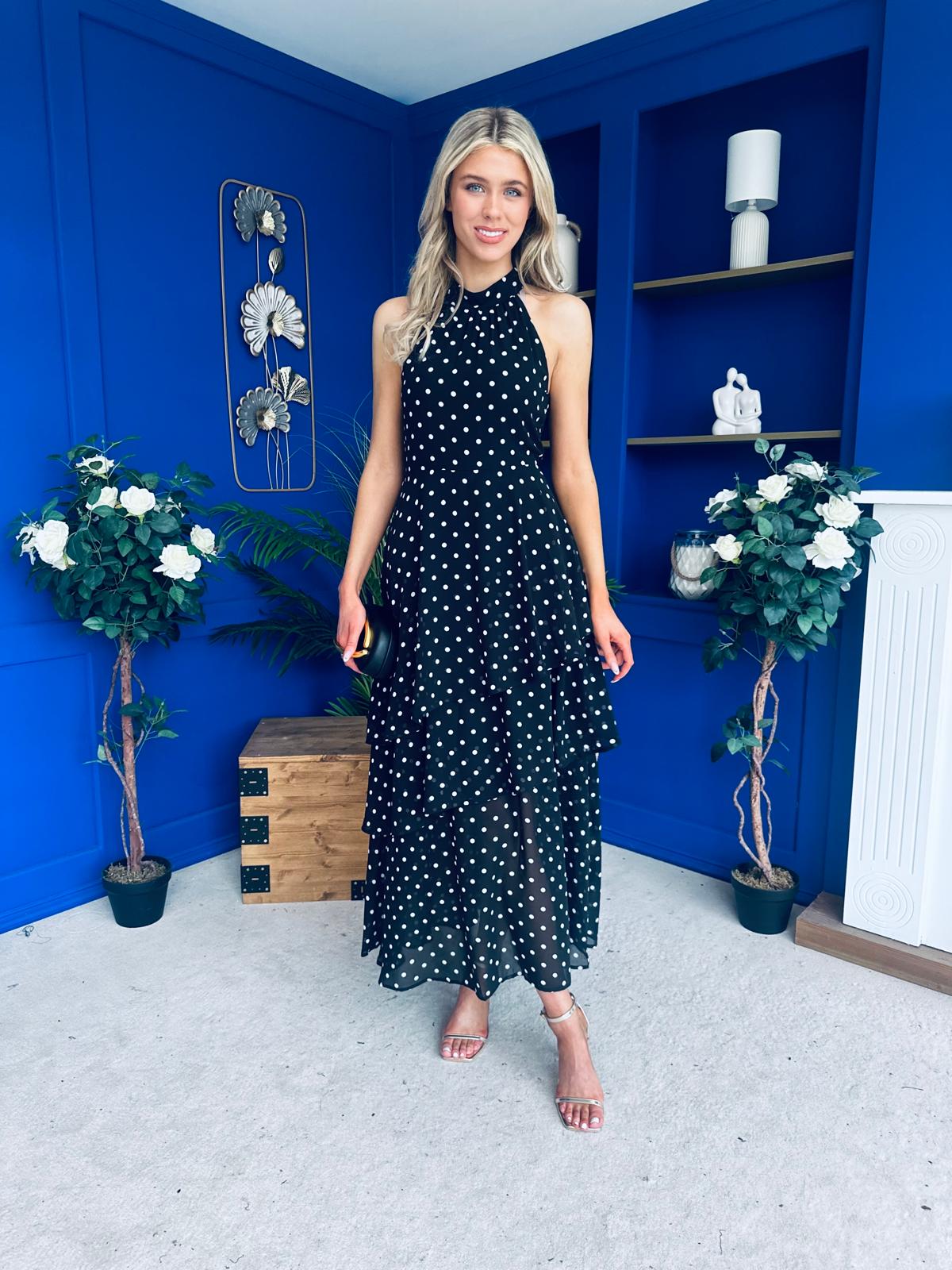 Iris Halterneck Layered Maxi Dress Polka Black