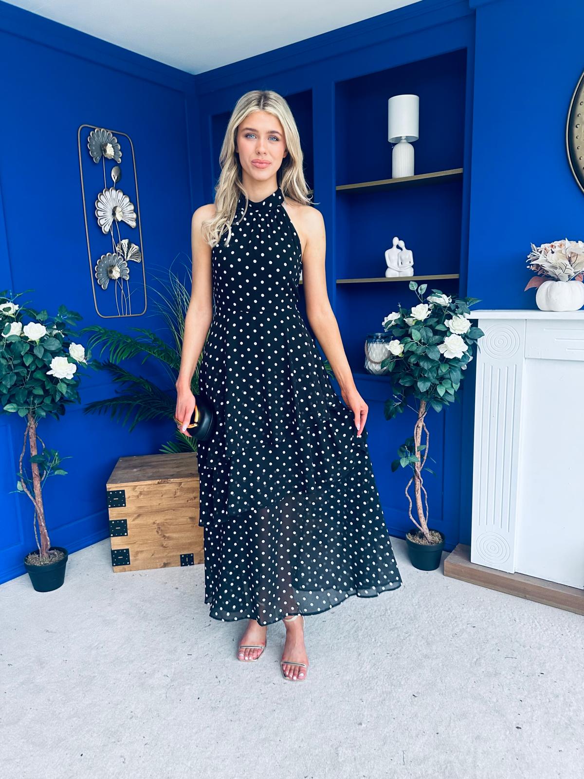 Iris Halterneck Layered Maxi Dress Polka Black