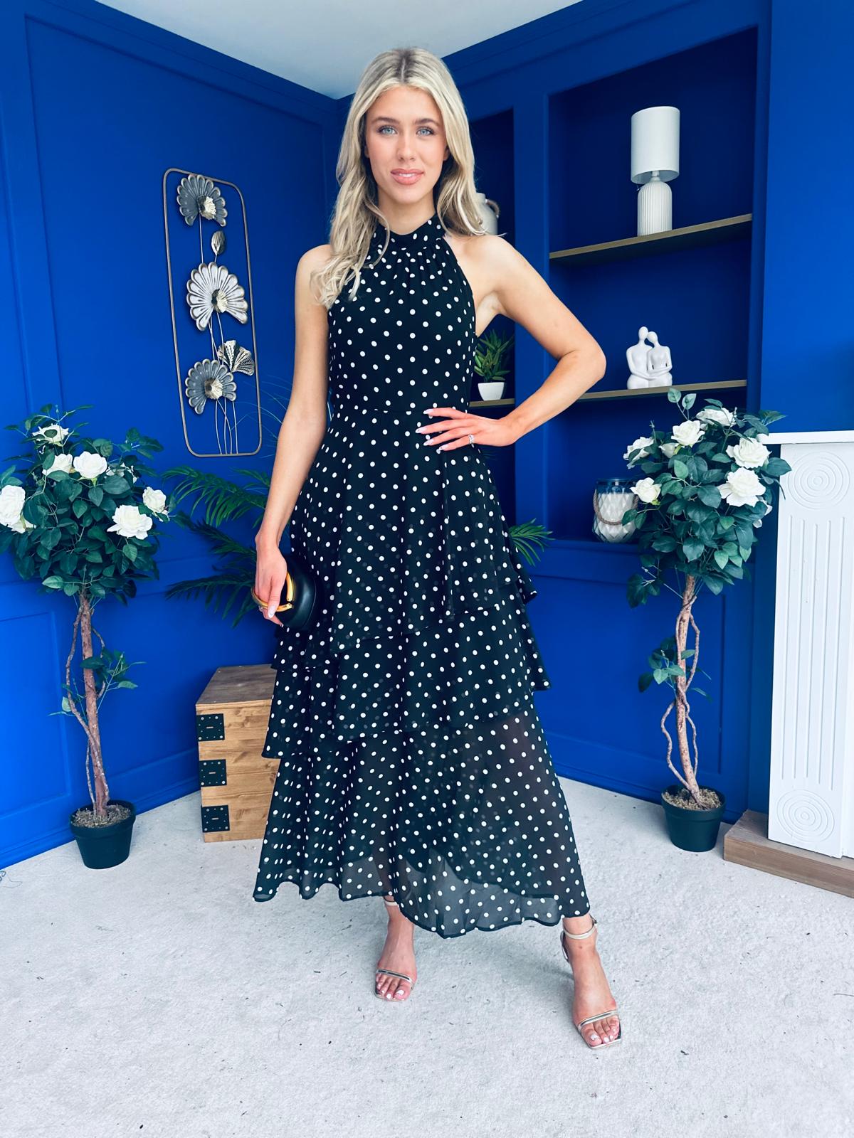 Iris Halterneck Layered Maxi Dress Polka Black