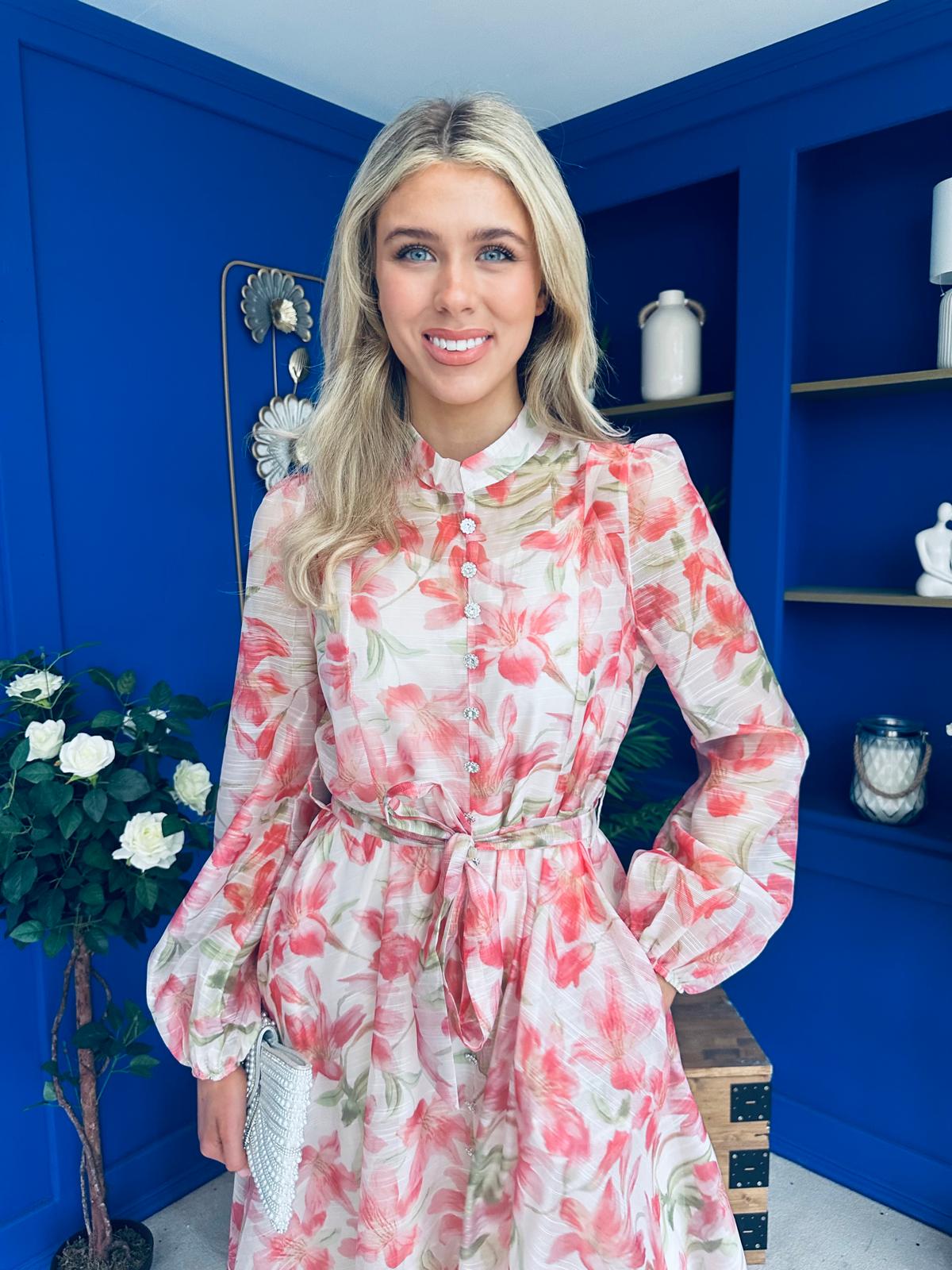 Fiona Faux Button Detail Midi Dress Floral