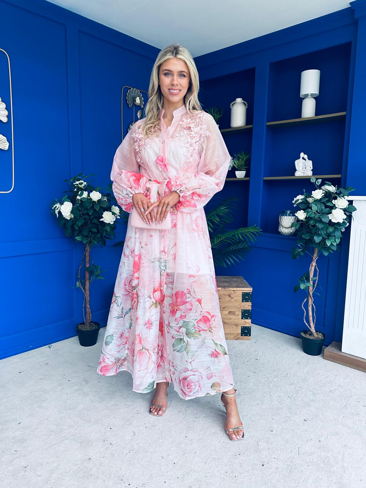 Erin Detailed Midi Shirt Dress Floral Pink