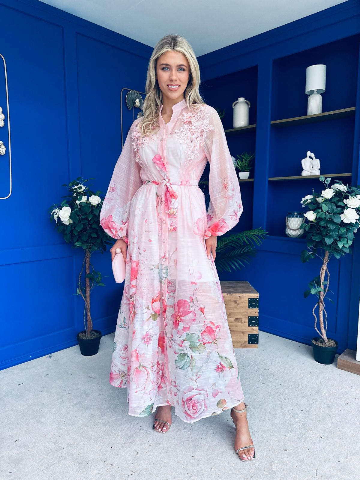 Erin Detailed Midi Shirt Dress Floral Pink