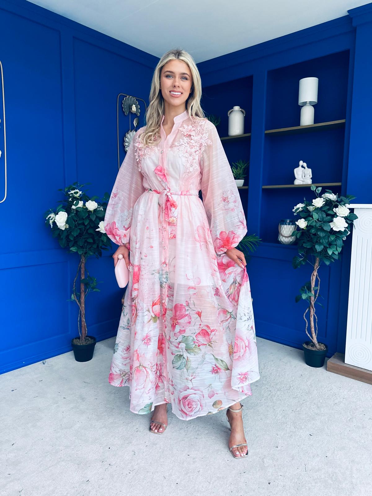Erin Detailed Midi Shirt Dress Floral Pink