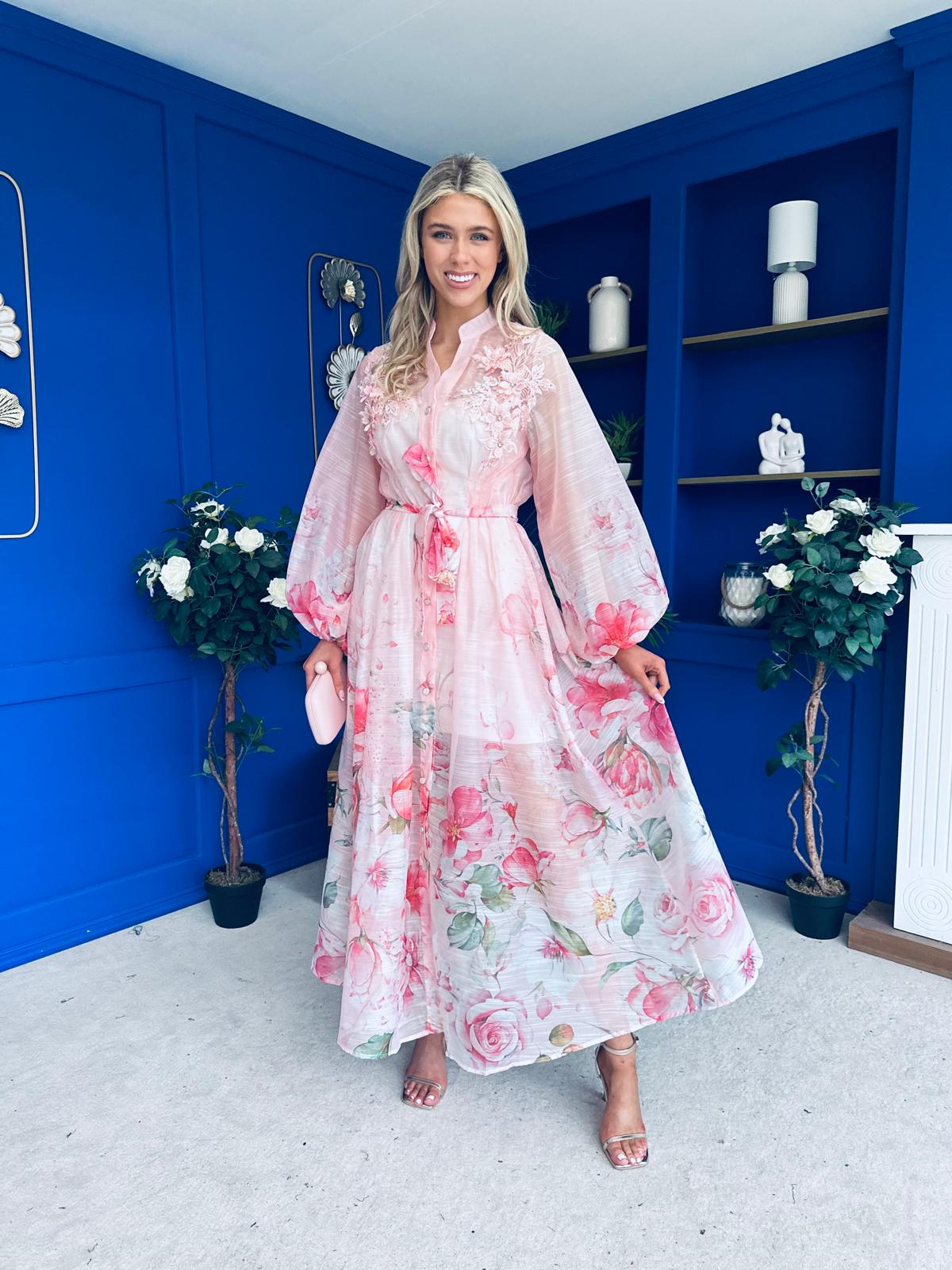 Erin Detailed Midi Shirt Dress Floral Pink