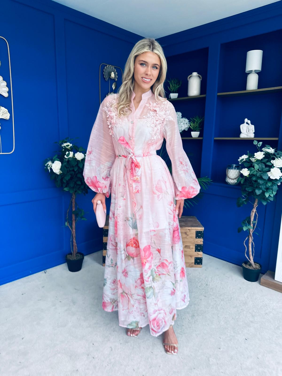 Erin Detailed Midi Shirt Dress Floral Pink