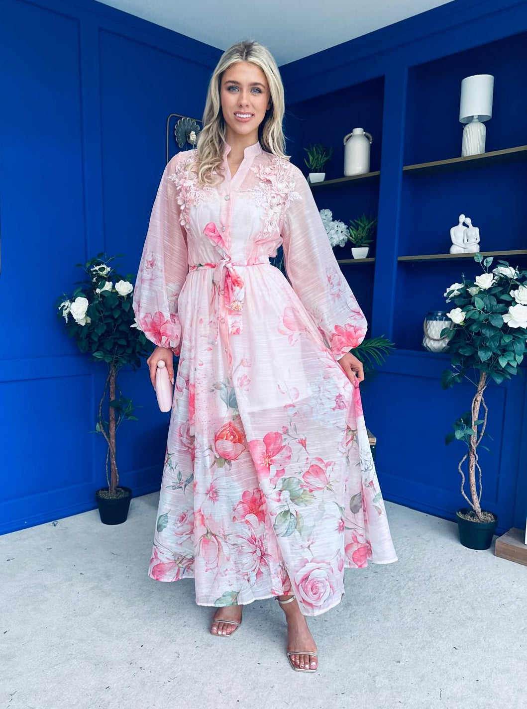Erin Detailed Midi Shirt Dress Floral Pink