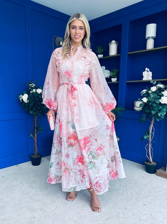 Erin Detailed Midi Shirt Dress Floral Pink