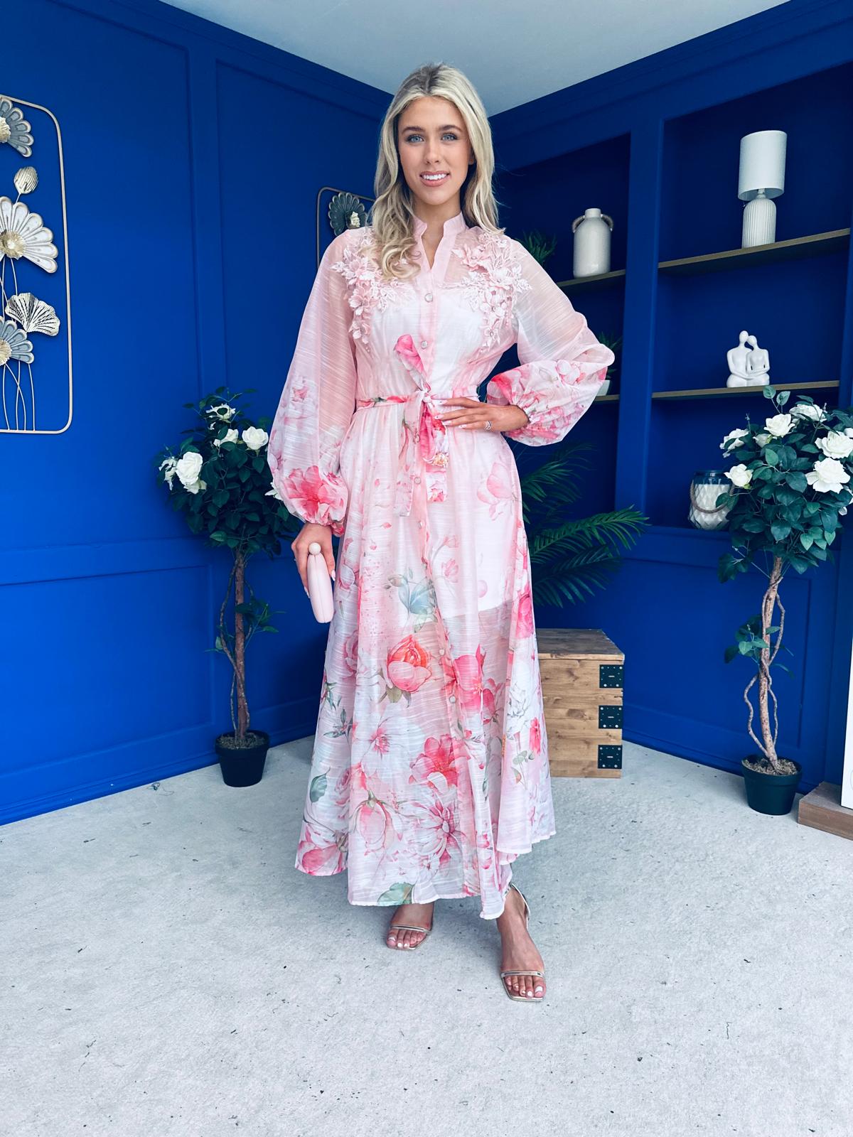 Erin Detailed Midi Shirt Dress Floral Pink – Canella Lane