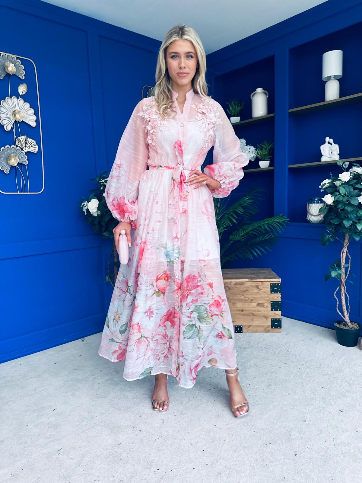Erin Detailed Midi Shirt Dress Floral Pink