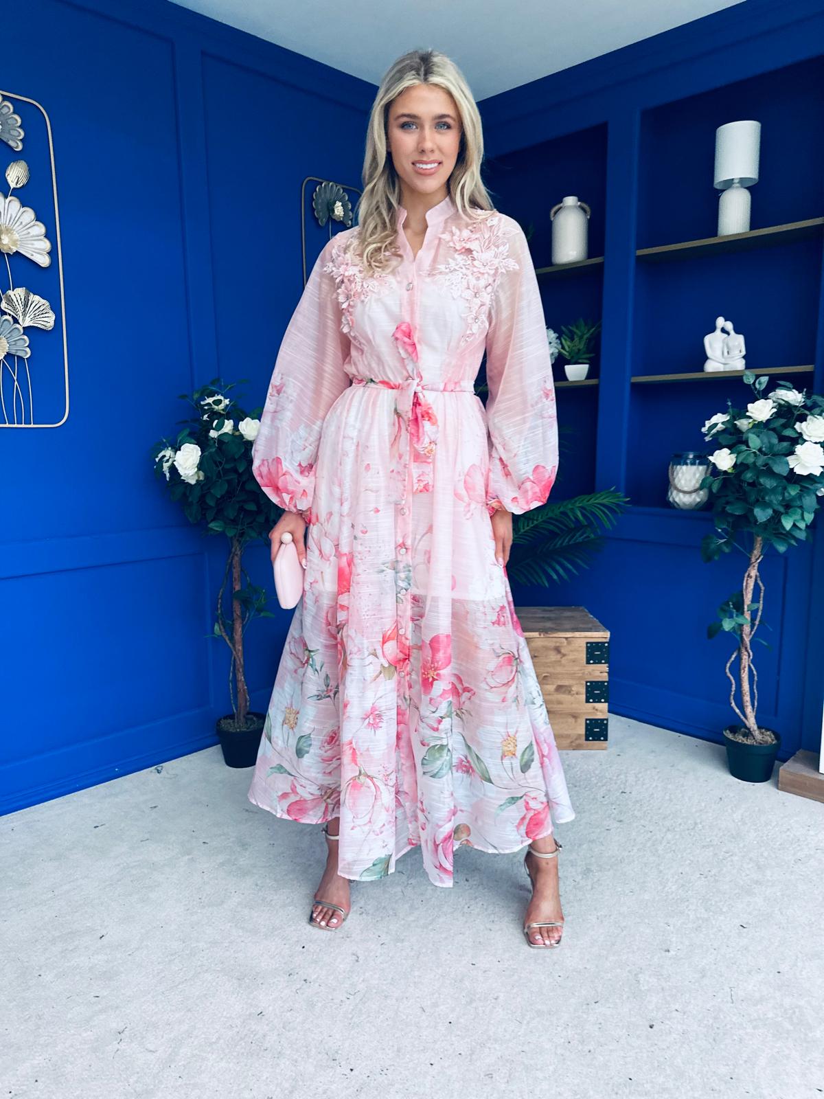 Erin Detailed Midi Shirt Dress Floral Pink