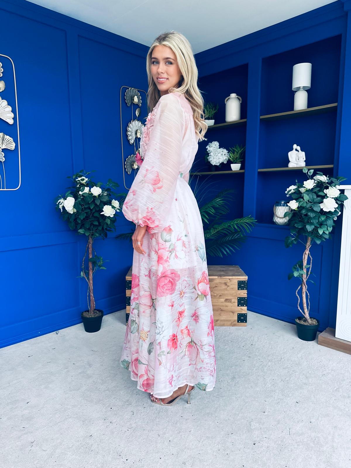 Erin Detailed Midi Shirt Dress Floral Pink