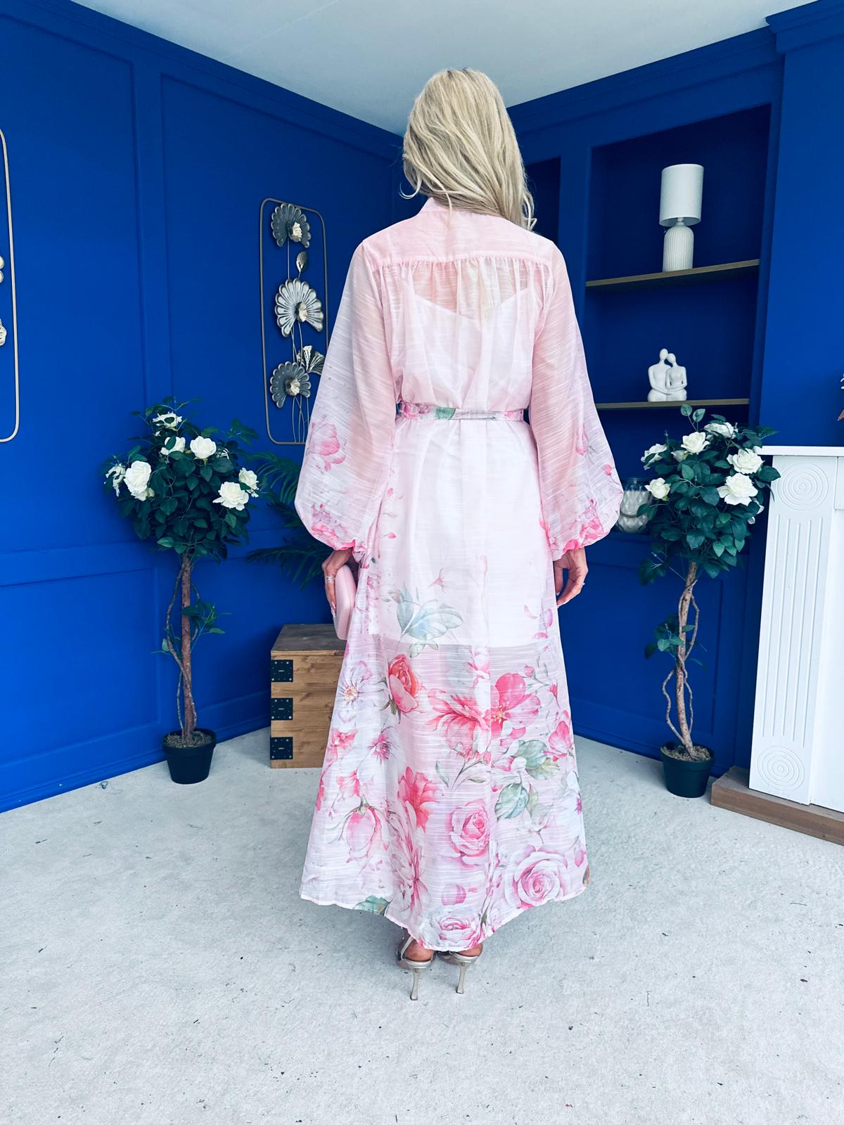 Erin Detailed Midi Shirt Dress Floral Pink