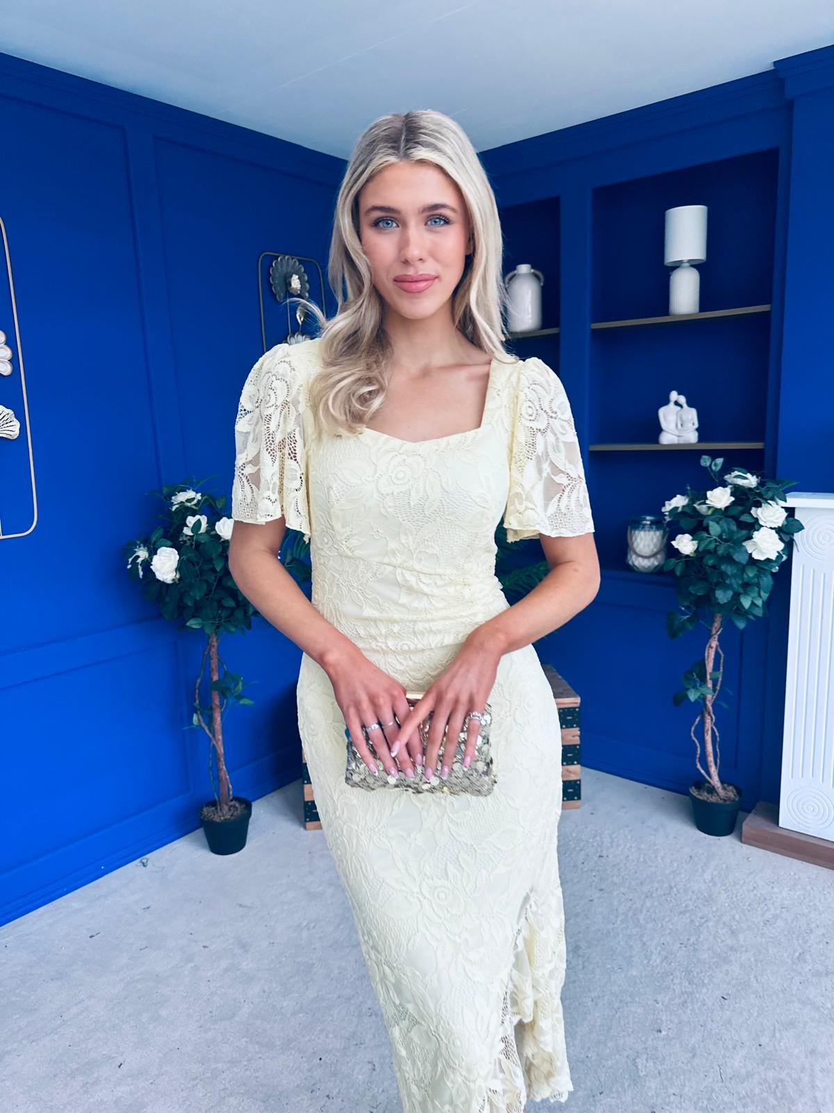 Heidi Lace Detail Ruched Midi Dress Yellow