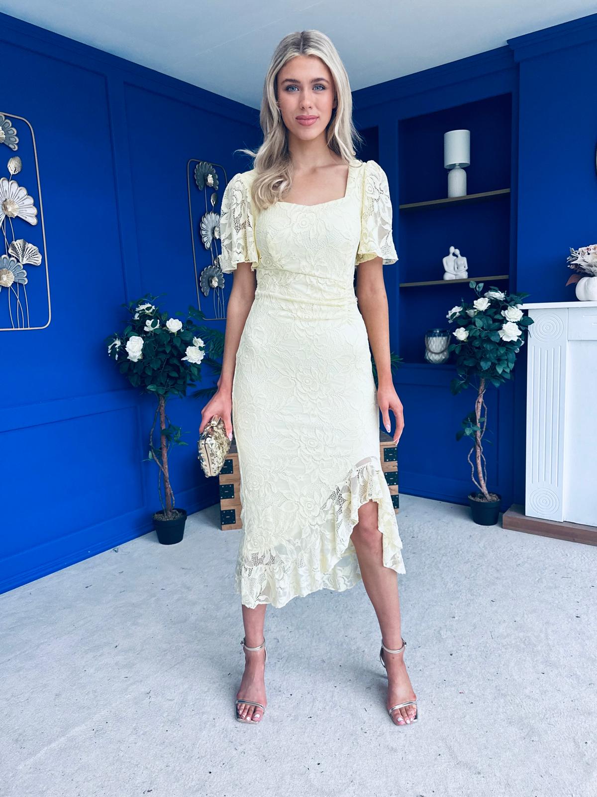 Heidi Lace Detail Ruched Midi Dress Yellow