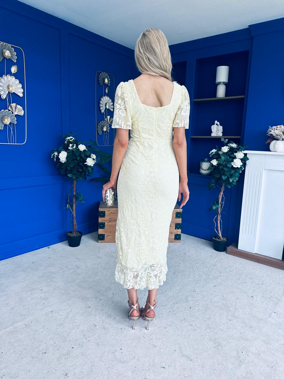 Heidi Lace Detail Ruched Midi Dress Yellow