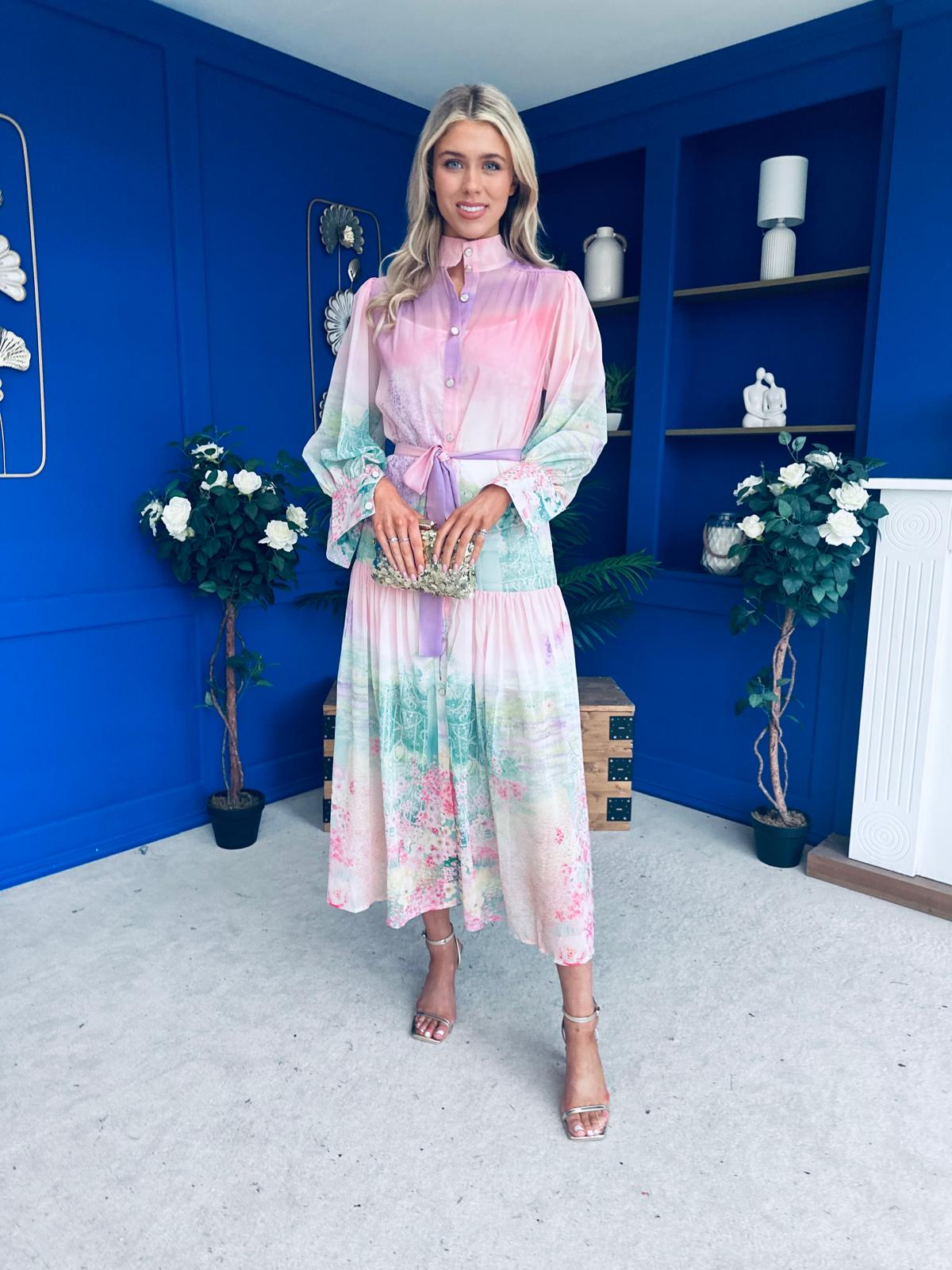 Sophia Button Detail Midi Shirt Dress Floral Ombre