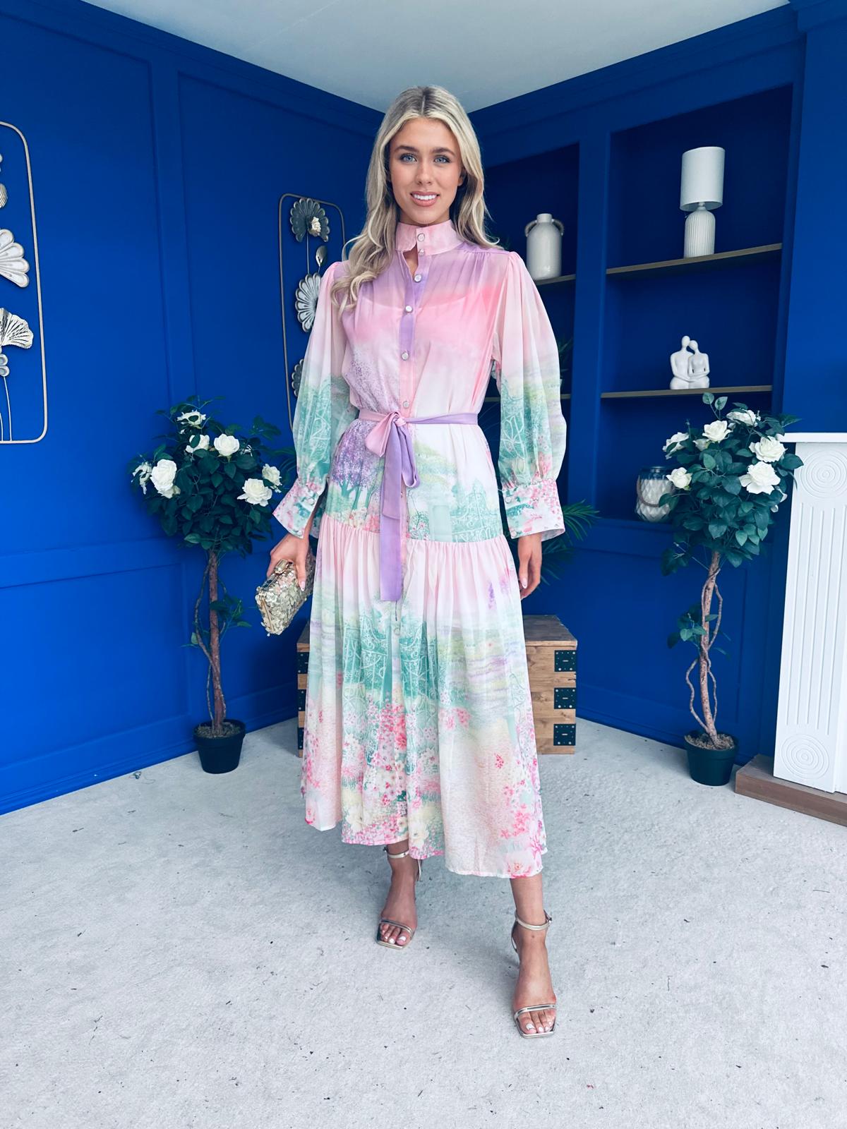 Sophia Button Detail Midi Shirt Dress Floral Ombre