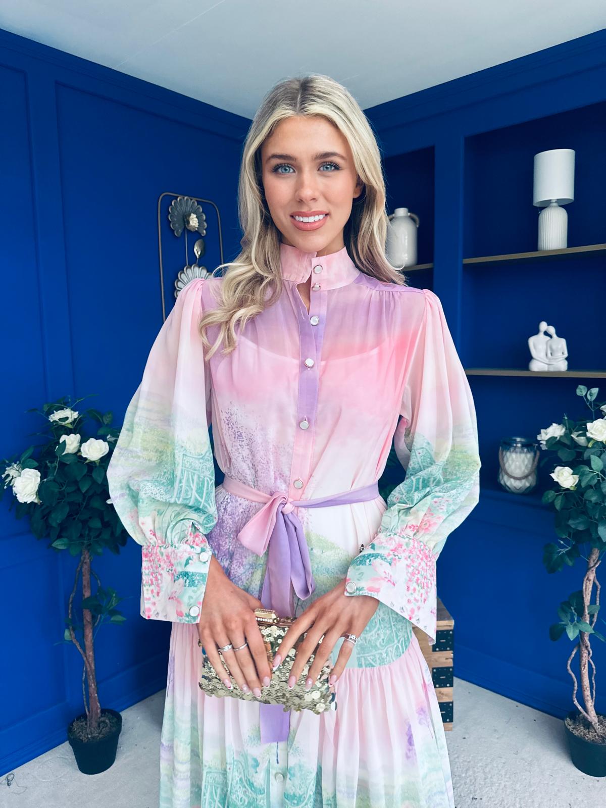 Sophia Button Detail Midi Shirt Dress Floral Ombre