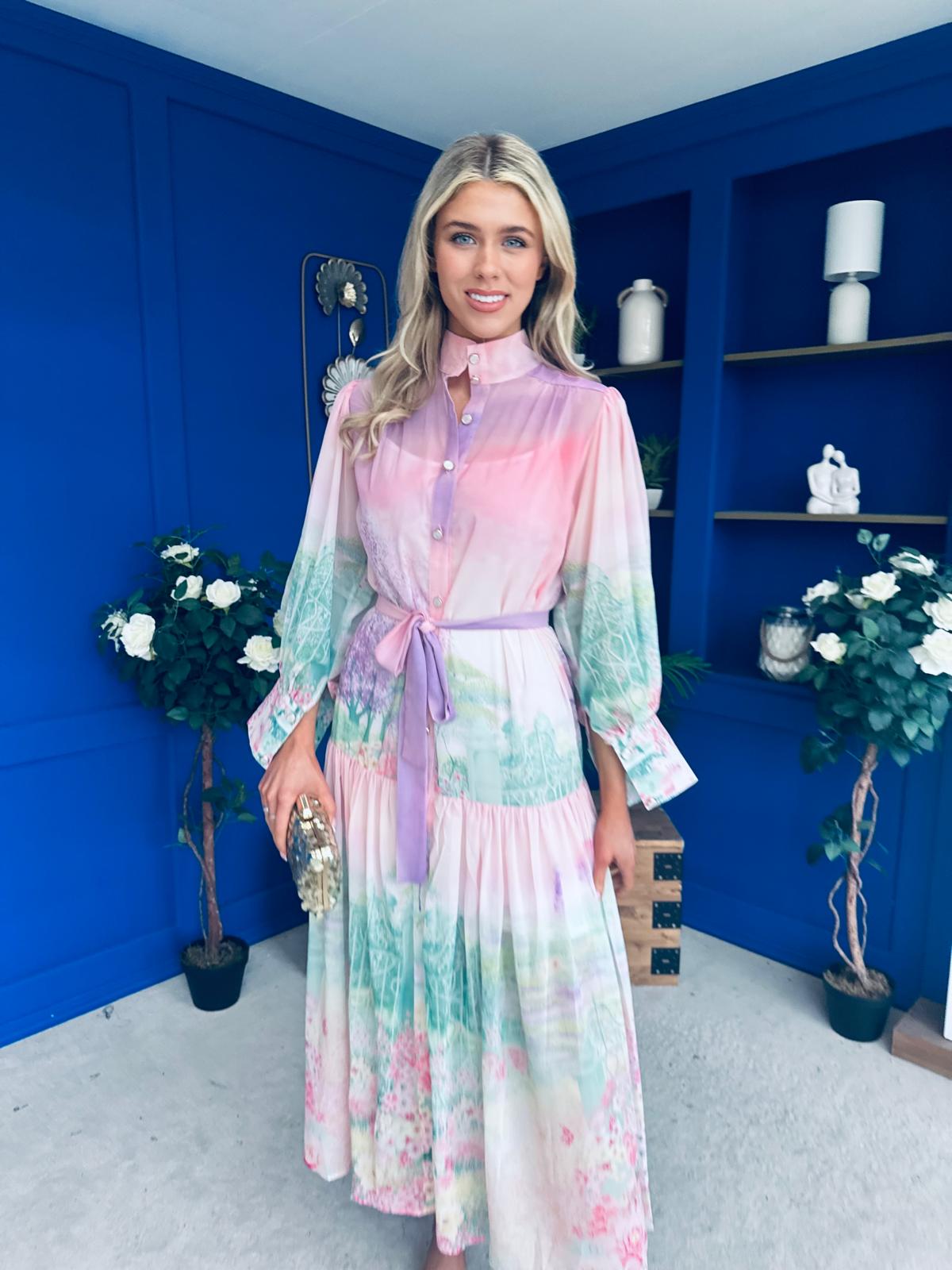 Sophia Button Detail Midi Shirt Dress Floral Ombre