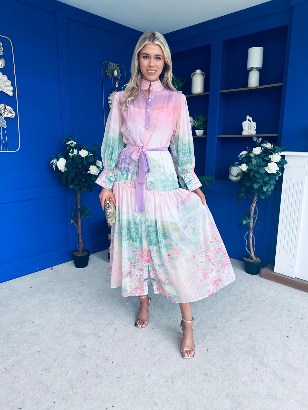 Sophia Button Detail Midi Shirt Dress Floral Ombre