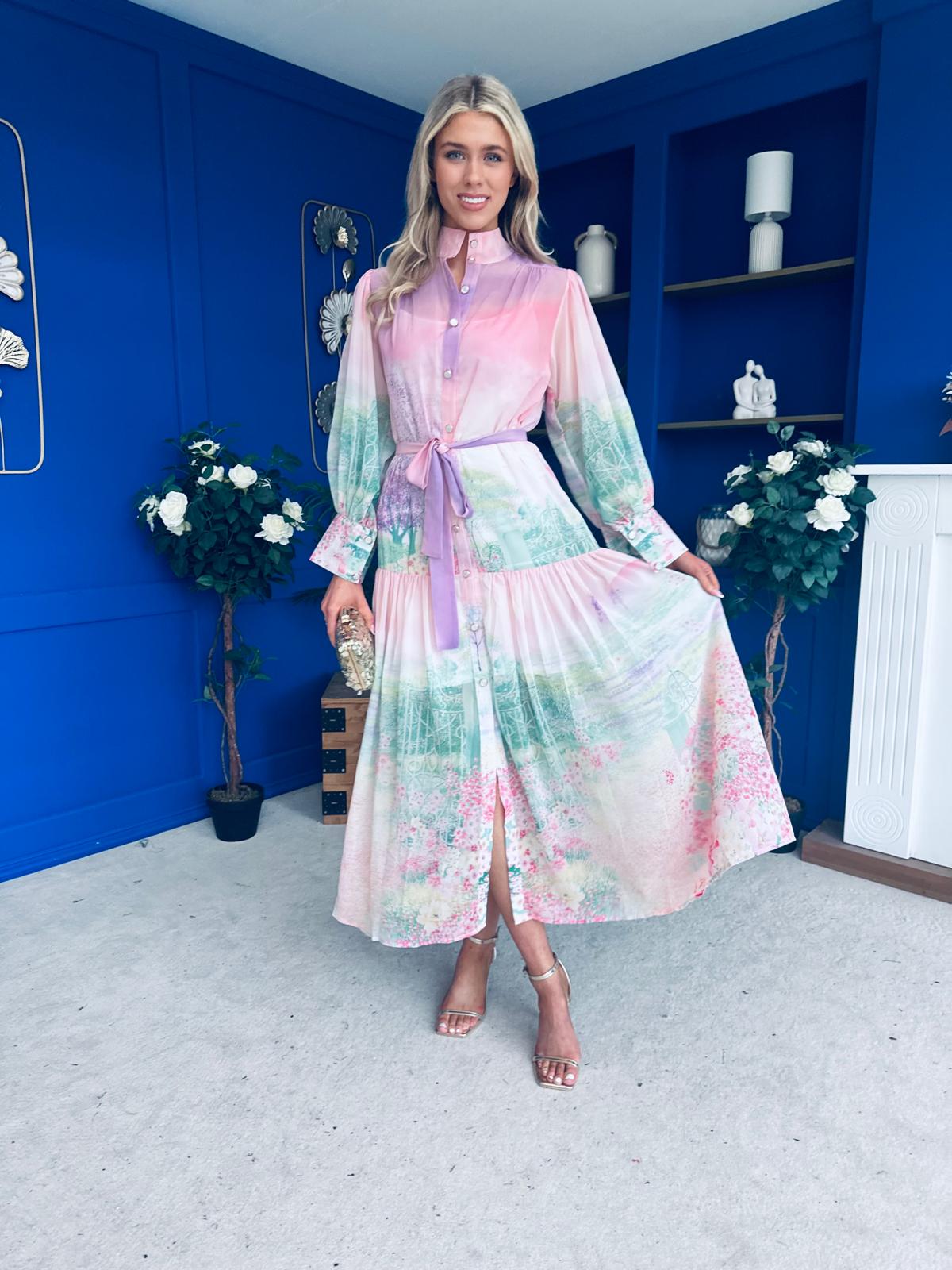 Sophia Button Detail Midi Shirt Dress Floral Ombre