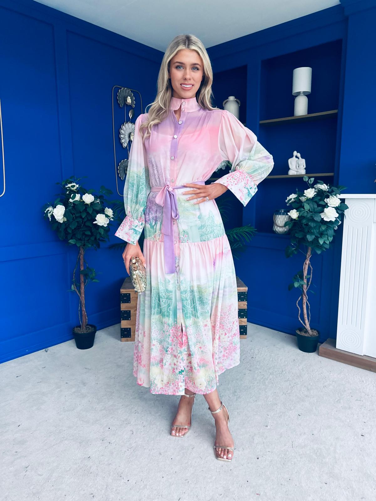 Sophia Button Detail Midi Shirt Dress Floral Ombre