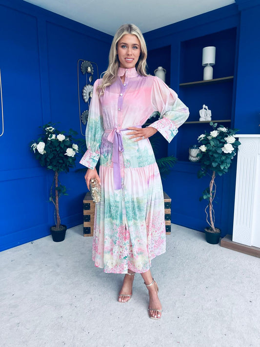 Sophia Button Detail Midi Shirt Dress Floral Ombre