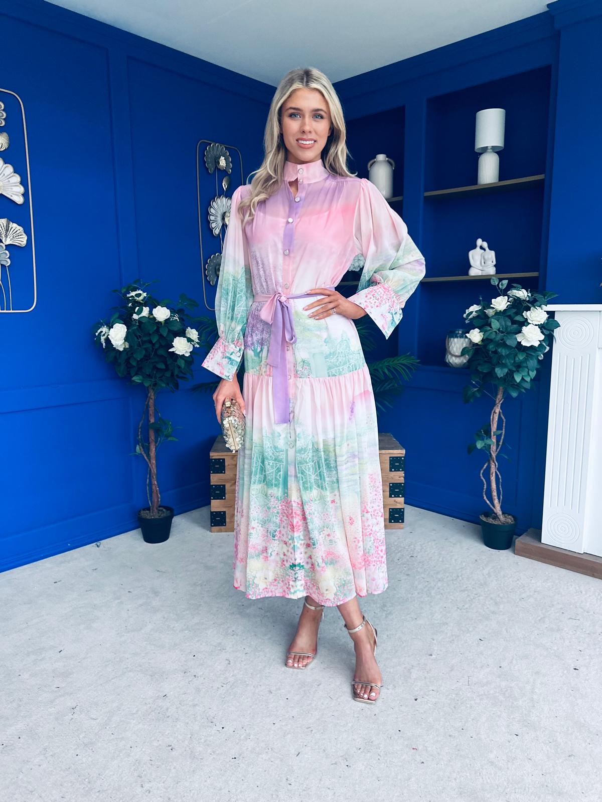 Sophia Button Detail Midi Shirt Dress Floral Ombre