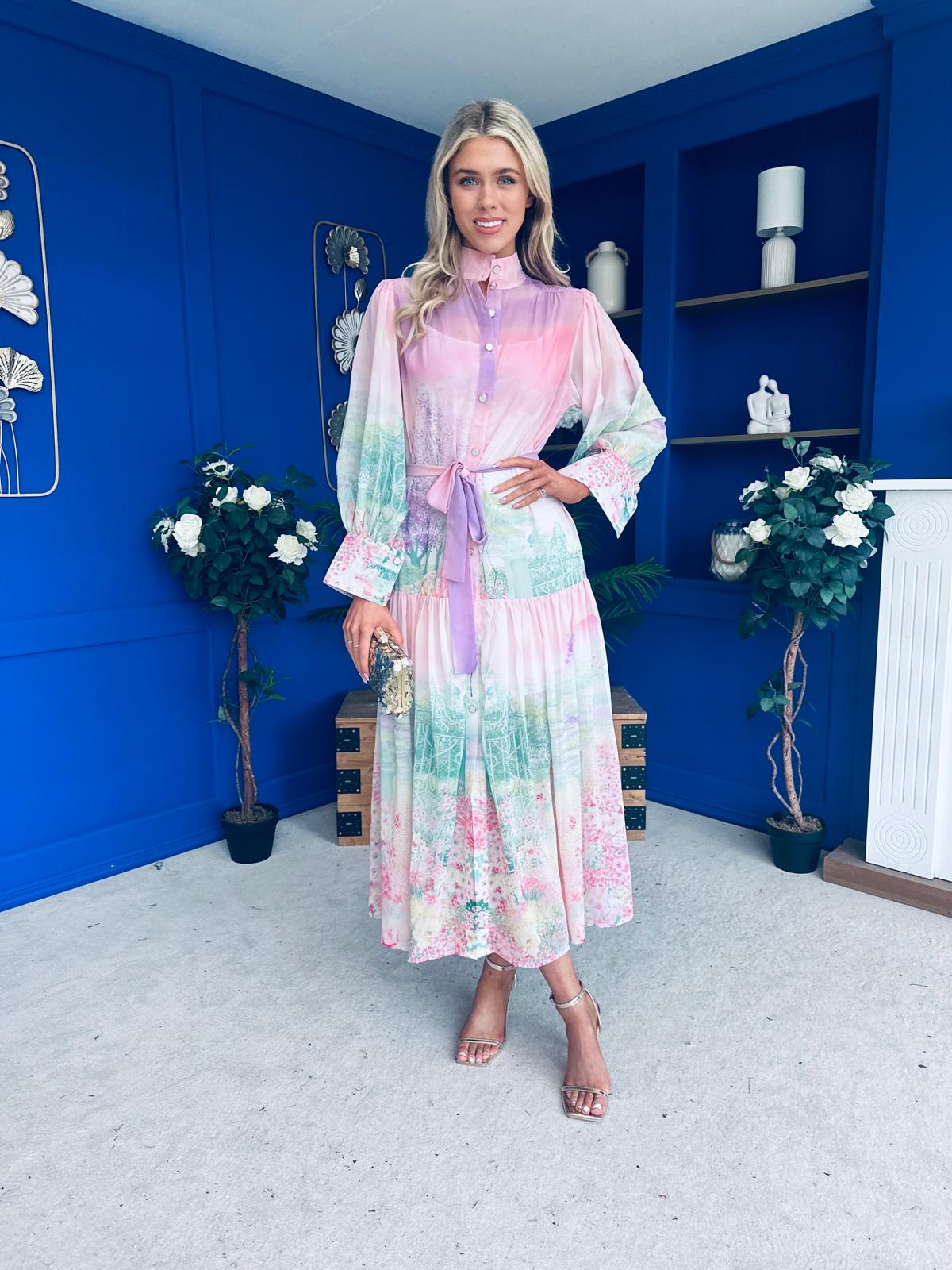 Sophia Button Detail Midi Shirt Dress Floral Ombre