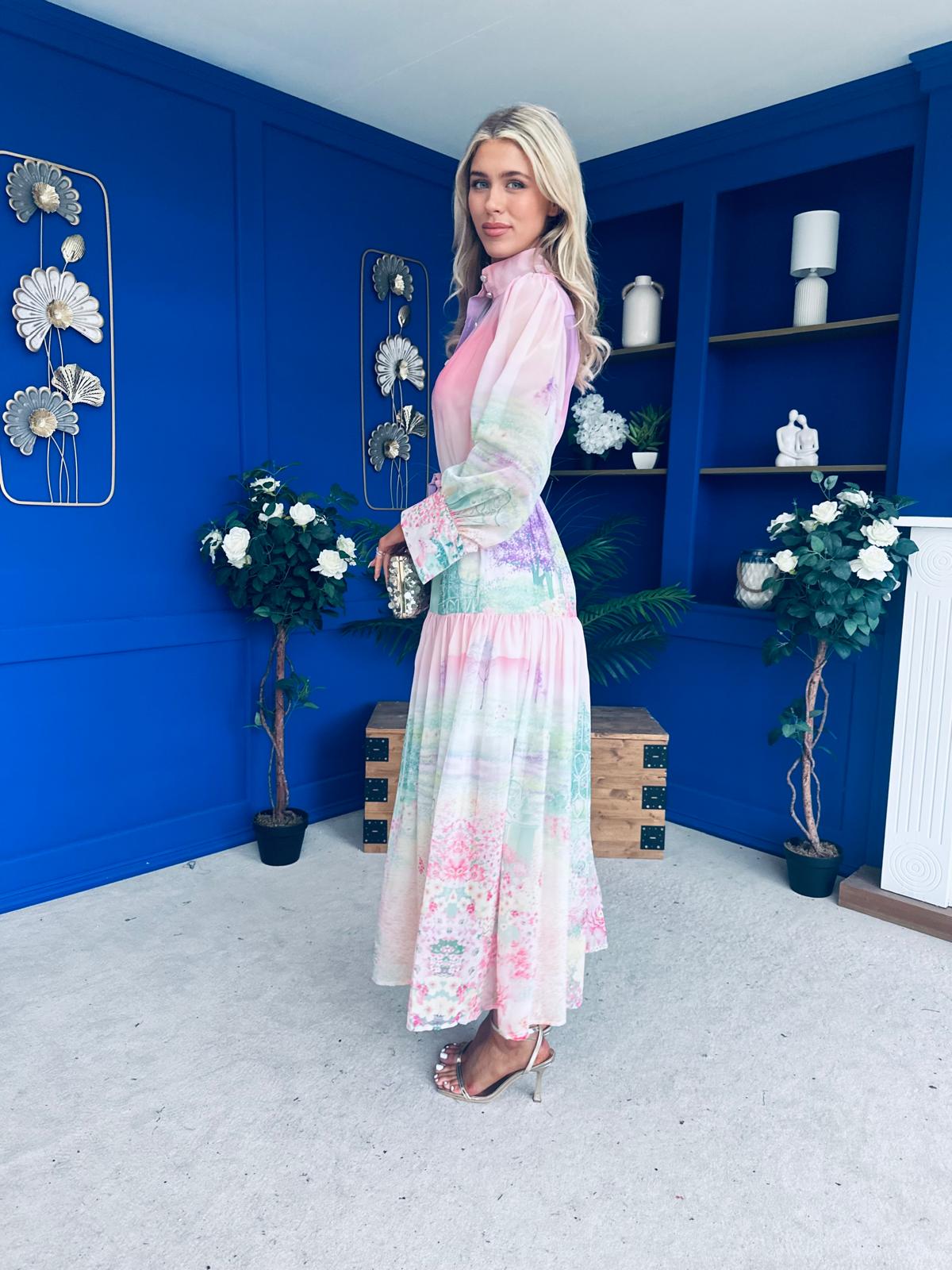 Sophia Button Detail Midi Shirt Dress Floral Ombre