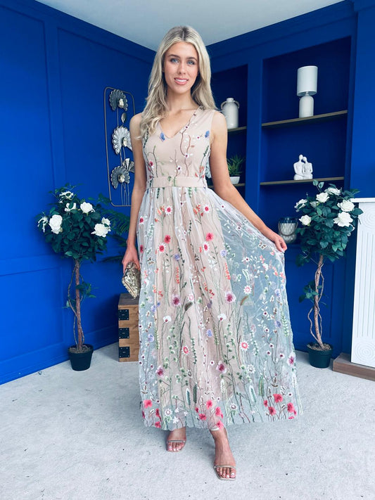 Eila Embroidered Tulle Occasion Dress Taupe