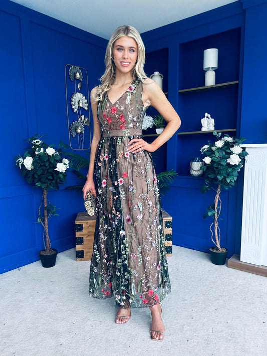 Eila Embroidered Tulle Occasion Dress Black