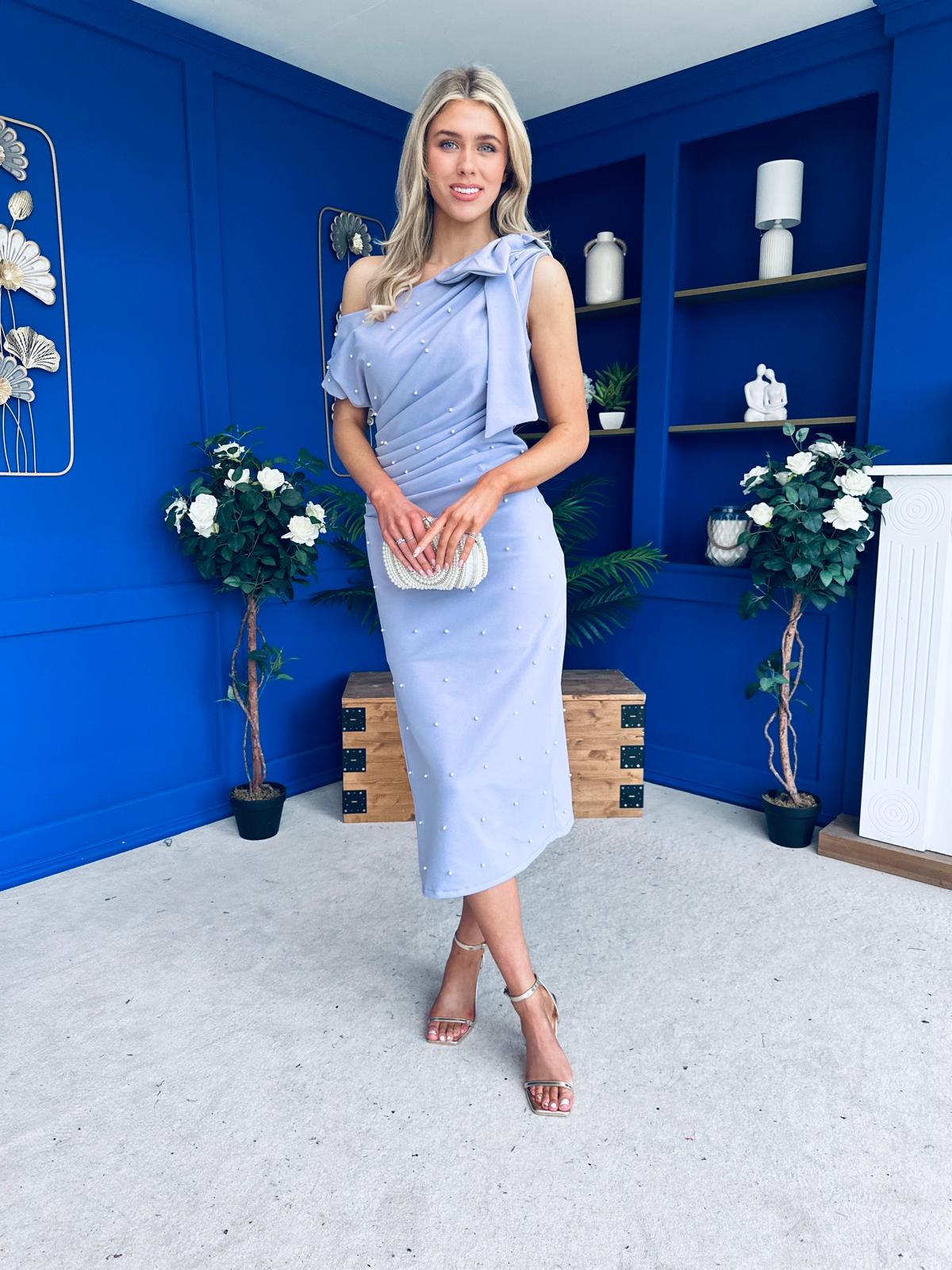 Monica Bow Detail Pearl Embellished Dress Lilac