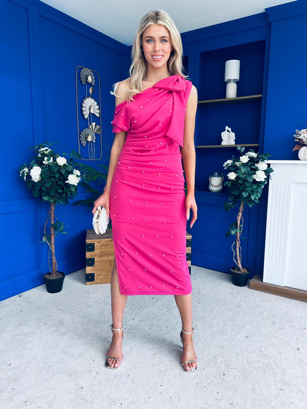 Monica Bow Detail Pearl Embellished Dress Pink