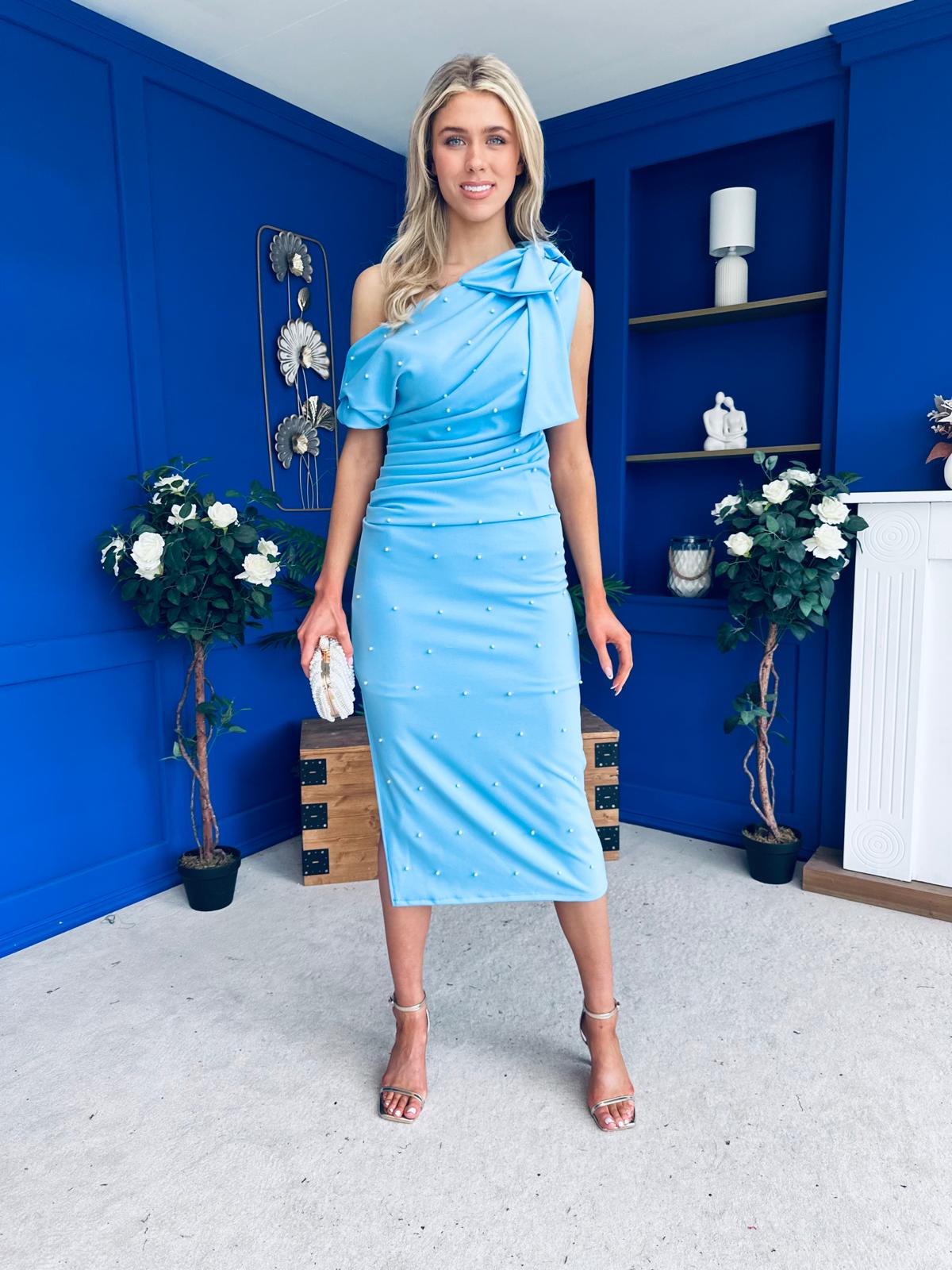 Monica Bow Detail Pearl Embellished Dress Pwr Blue