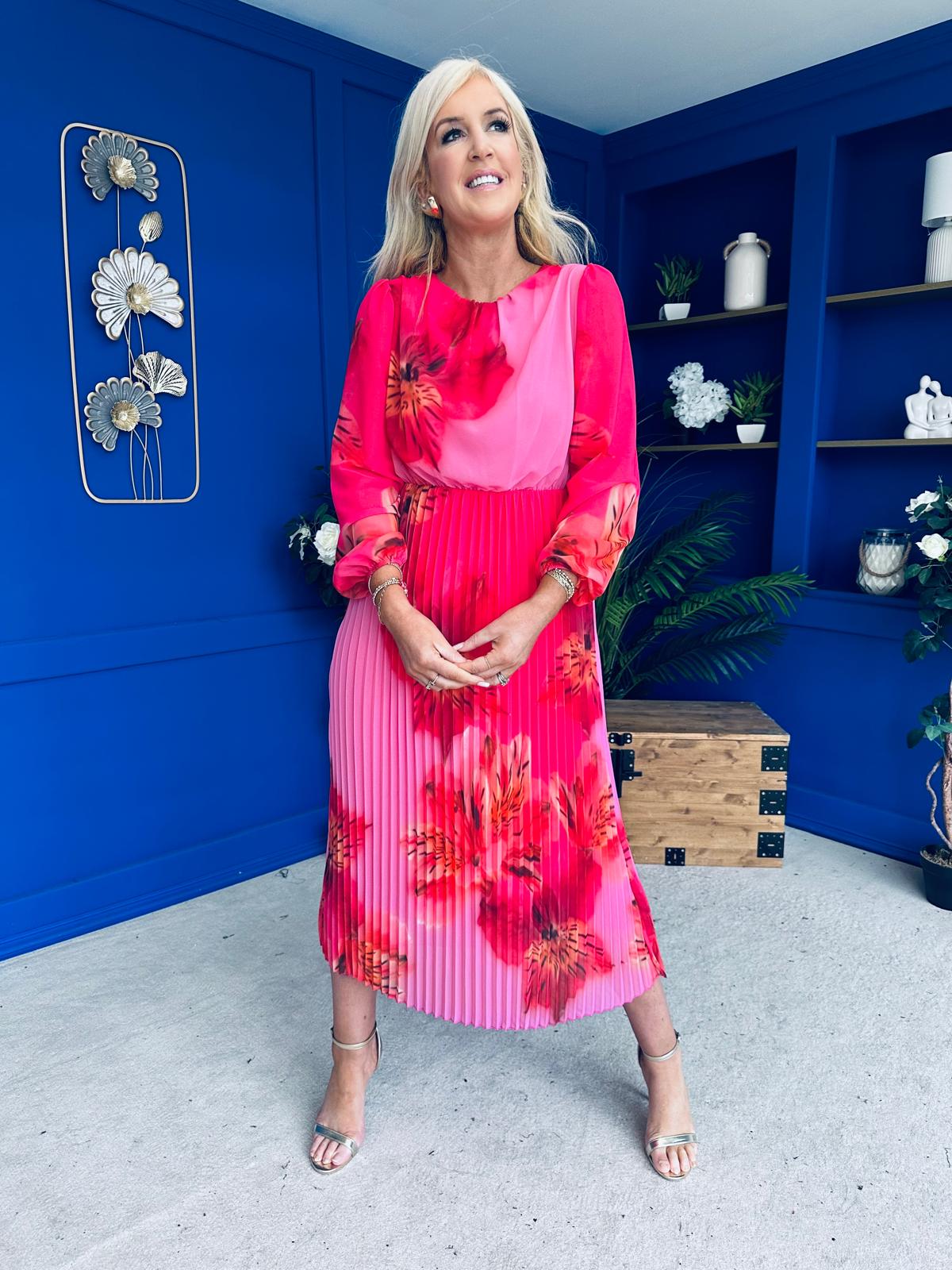 Dakota Pleated Midi Dress Pink