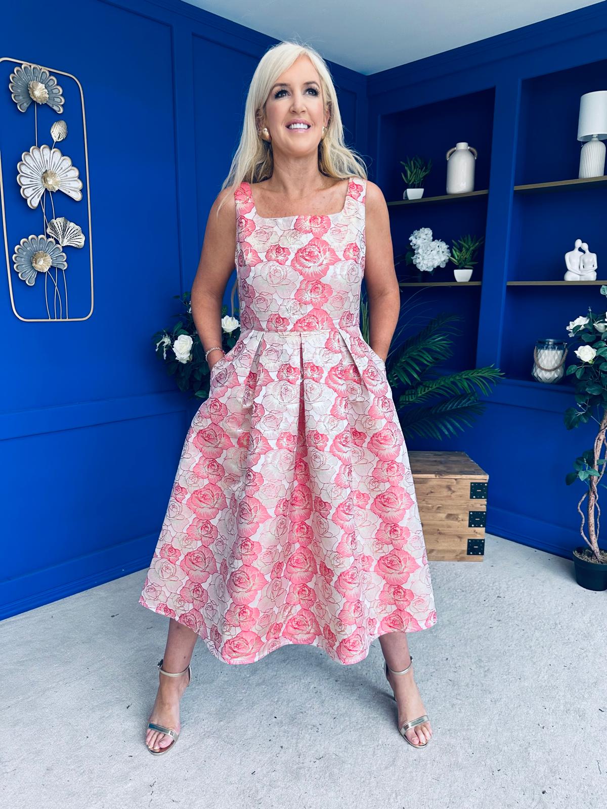 Celia Square Neck Jacquard Occasion Dress Coral